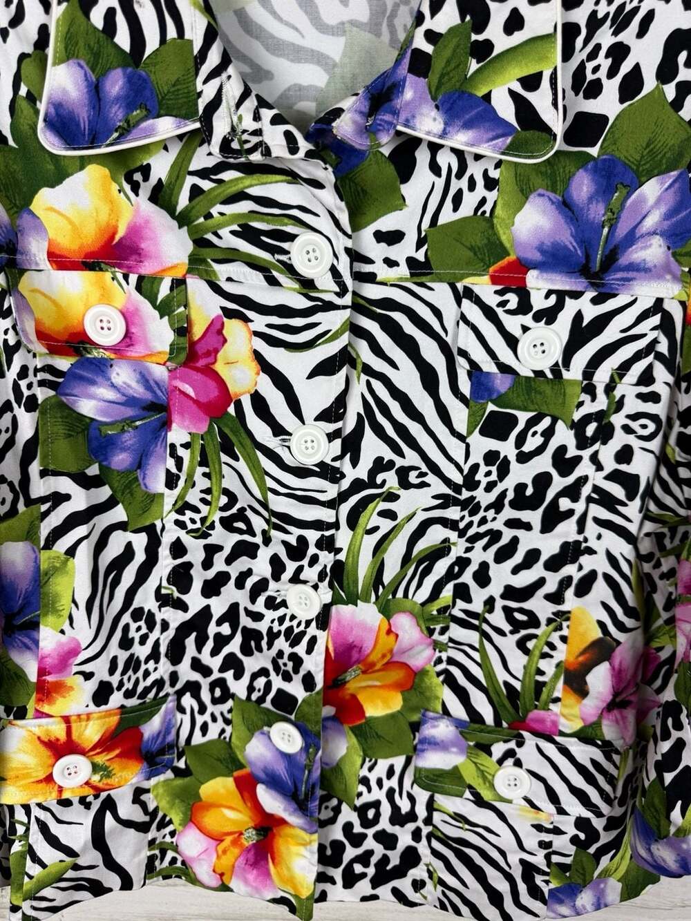 Erin London Animal Print Tropical Floral Button Front Jacket Blouse Size L - Picture 3 of 6